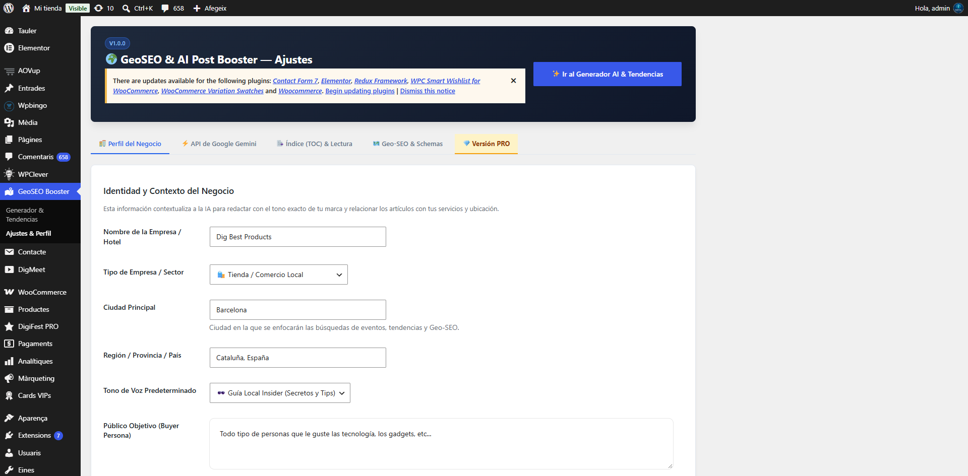 Ajustes del Negocio GeoSEO Booster